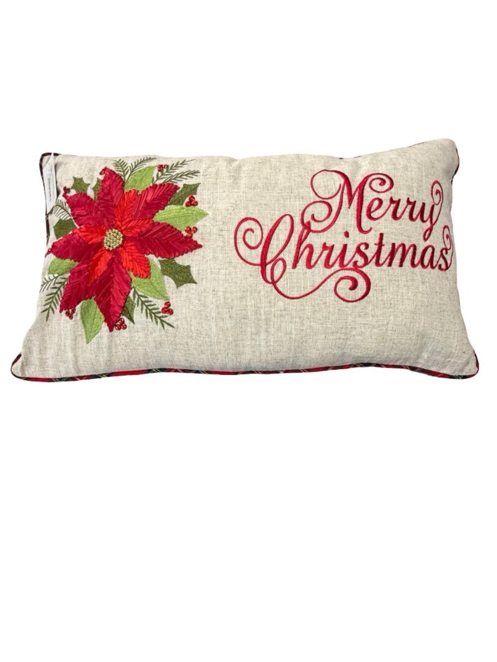 Platypus Home Merry Christmas Poinsettia Lumbar Throw Pillow Embroidered Holiday